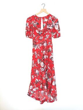 puff sleeve floral midi - cowl neck flower pattern red dress XS nwot